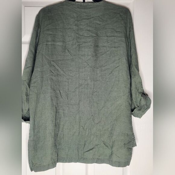 Ellen Tracy M Caper Green 100% LINEN Roll Tab Sleeve High Low Women’s Blouse - Picture 8 of 8